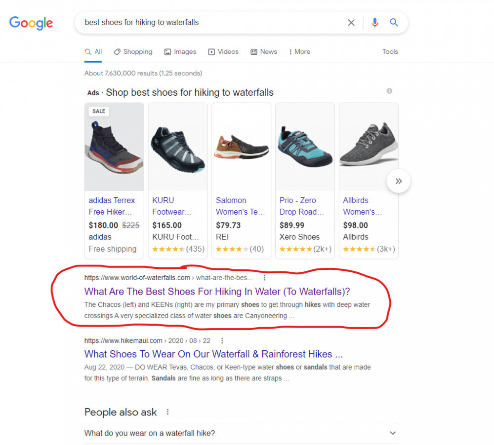 My article about the best shoes for hiking shows up on the first page of Google's search results for the term 'best shoes for hiking to waterfalls'