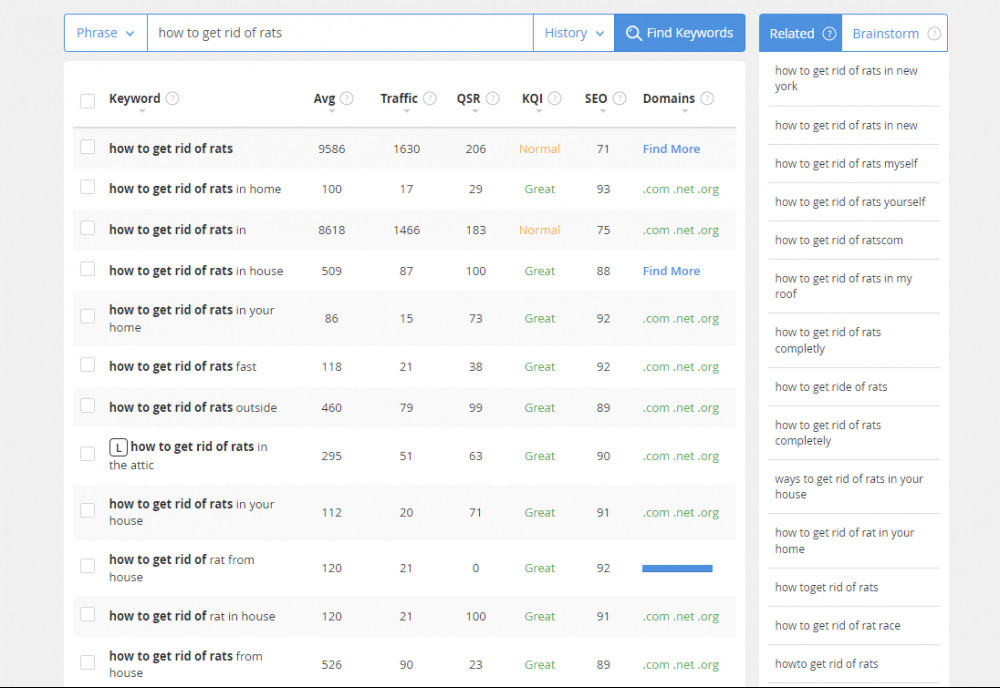 Performing keyword research on a search term 'how to get rid of rats'