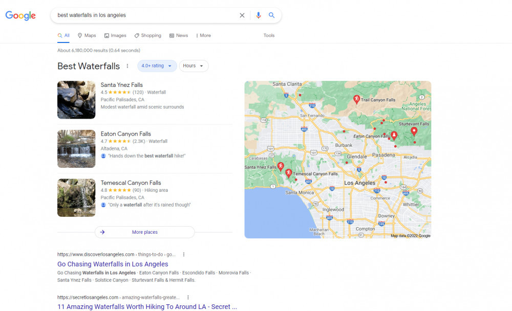 Search results in Google for the term 'best waterfalls in los angeles'